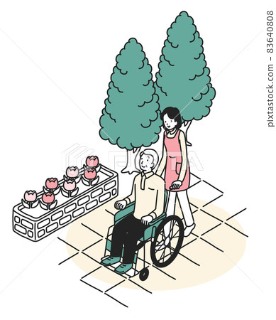 輪椅的資深男性和女性照料者 輪椅的資深男性和女性照料者 83640808