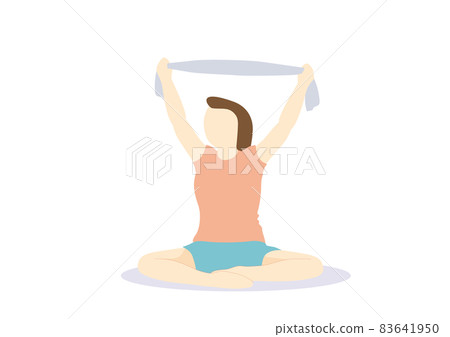 A woman on a diet who sits on the floor and stretches with a towel, no mat, no facial expression A woman on a diet who sits on the floor and stretches with a towel, no mat, no facial expression 83641950