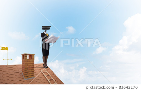 Concept of security and privacy protection with camera headed woman Concept of security and privacy protection with camera headed woman 83642170