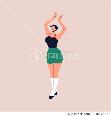 Beautiful curvy woman dance to the music while listening to it with earphones. Feminine cartoon character dancing with his hands up from joy and fun. Vector illustration in flat style. Eps 10 83642353