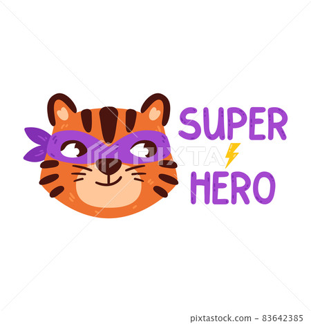 Tiger with super hero mask. Chinese zodiac animal. Symbol of the new year 2022, 2034. Vector illustration isolated on white background. Portrait of ginger cat. Print for kid apparel. Tiger with super hero mask. Chinese zodiac animal. Symbol of the new year 2022, 2034. Vector illustration isolated on white background. Portrait of ginger cat. Print for kid apparel. 83642385