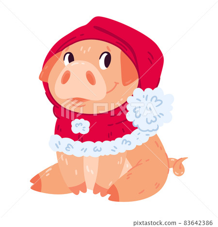 Cute pig in Christmas hat. New year piggy in red hood. Smiling farm animal. Colorful vector illustration isolated on white background. Cute pig in Christmas hat. New year piggy in red hood. Smiling farm animal. Colorful vector illustration isolated on white background. 83642386
