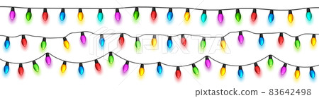 Christmas glowing lights. Festival garlands with colorful bulbs. Greeting card design element. New 83642498