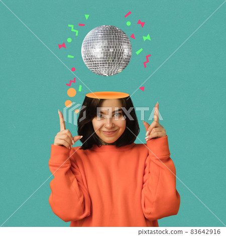 Portrait of young beautiful woman with disco ball under half of head. Modern design, contemporary art collage. Portrait of young beautiful woman with disco ball under half of head. Modern design, contemporary art collage. 83642916