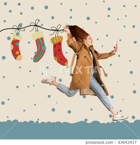 Design for greeting cards, postcard. Concept of Christmas, 2022 New Year. Contemporary art collage. Happy young girl running 83642917