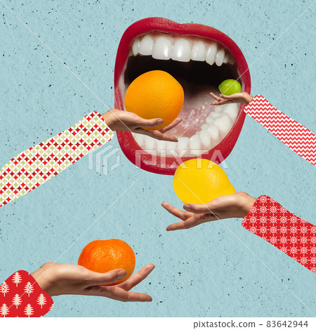 Human hands with oranges, lemons and open female mouth. Contemporary art collage 83642944