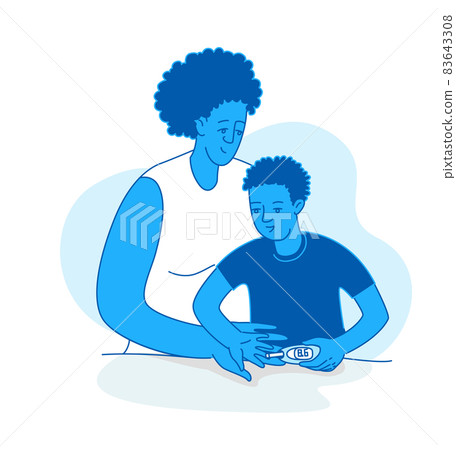 Mother help sugar test diabetes boy, blood sugar meter doodle style drawing. Mother help sugar test diabetes boy, blood sugar meter doodle style drawing. 83643308