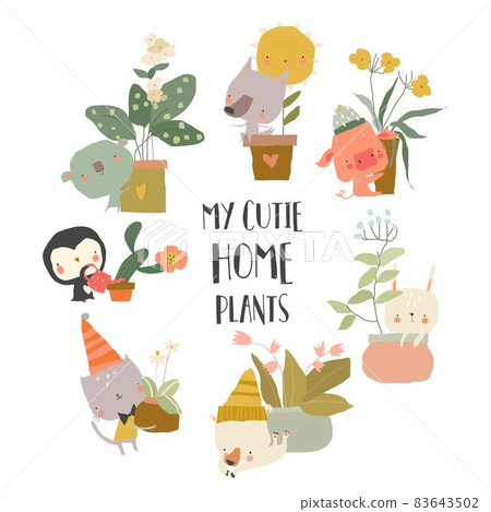 Cute Cartoon Animals with Houseplants on White Background Cute Cartoon Animals with Houseplants on White Background 83643502