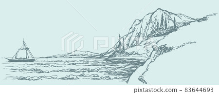 Vector seascape. Sailboat Vector seascape. Sailboat 83644693