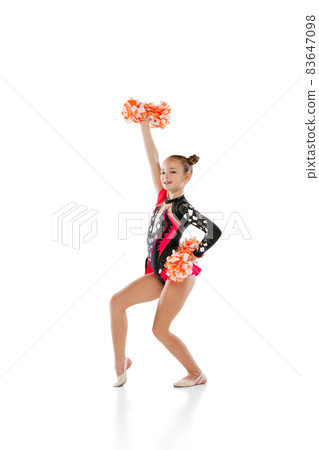 Full-length portrait of girl, child, cheerleader in colorful costume with pom-pons training isolated lover white background Full-length portrait of girl, child, cheerleader in colorful costume with pom-pons training isolated lover white background 83647098