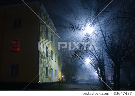 The night street is lit by a lantern. Fog. Magical cityscape. Russia 83647487
