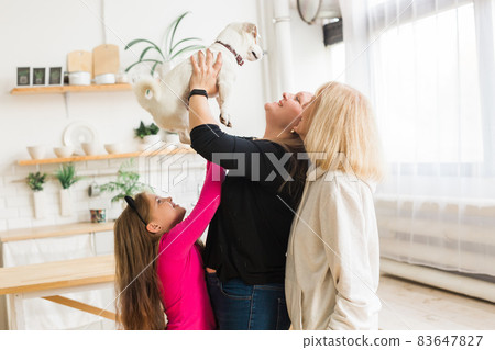 Happy granddaughter and grandmother and daughter having fun with jack russell terrier dog. Pet, family and three generation concept. Happy granddaughter and grandmother and daughter having fun with jack russell terrier dog. Pet, family and three generation concept. 83647827
