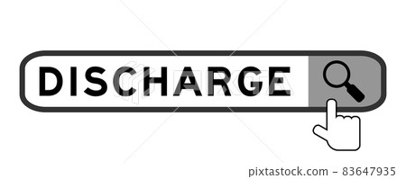Search banner in word discharge with hand over magnifier icon on white background 83647935