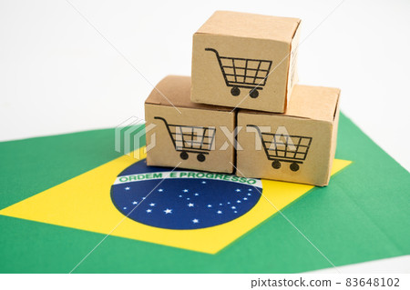 Box with shopping cart logo and Brazil flag, Import Export Shopping online or eCommerce finance delivery service store product shipping, trade, supplier concept. Box with shopping cart logo and Brazil flag, Import Export Shopping online or eCommerce finance delivery service store product shipping, trade, supplier concept. 83648102