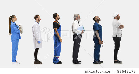 Group of gender mixed people with different professions, jobs standing isolated on white studio background. Horizontal flyer, collage. Side view Group of gender mixed people with different professions, jobs standing isolated on white studio background. Horizontal flyer, collage. Side view 83648175