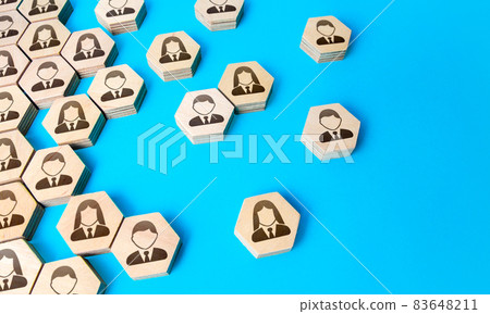Hexagonal figures of business people. Hiring new employees and recruiting staff. Find candidate for an open role job. Society and social groups. Public relations. Human resources. Personnel management 83648211