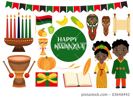 Kwanzaa icons set. African American holiday festival collection clip art hand drawing style with kinara, tribal masks, drum. Vector illustration Kwanzaa icons set. African American holiday festival collection clip art hand drawing style with kinara, tribal masks, drum. Vector illustration 83648442