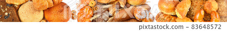 Sweet and fresh bread products in row isolated on white. Collage. Wide photo. 83648572