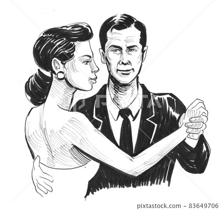 Dancing couple. Ink black and white drawing 83649706