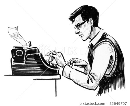 Writer typing on retro typewriter. Ink black and white drawing 83649707