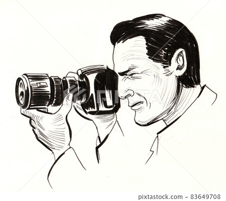 Photographer with a camera. ink black and white drawing 83649708