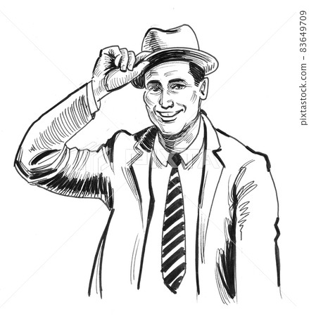 Gentleman in suit and hat. ink black and white drawing 83649709