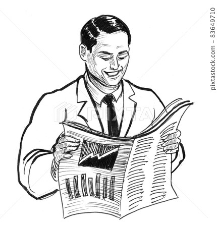 Businessman reading a newspaper. ink black and white drawing 83649710