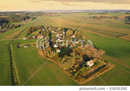 Country houses in the countryside. Aerial view of roofs of green field with rural homes. Country houses in the countryside. Aerial view of roofs of green field with rural homes. 83650160