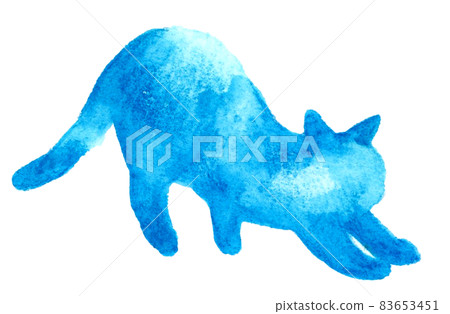 Hand-painted watercolor illustration of a cat silhouette, stretching pose (light blue) Hand-painted watercolor illustration of a cat silhouette, stretching pose (light blue) 83653451