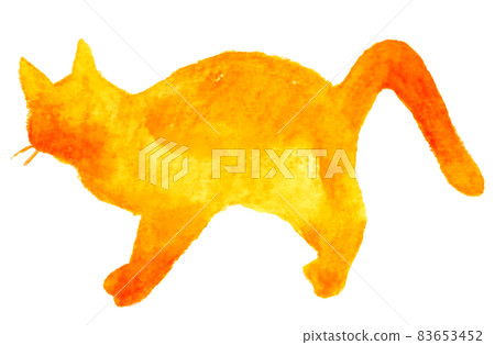 Hand-painted watercolor illustration of a cat silhouette Standing pose (yellow / orange) 83653452