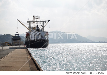 Introducing fuel wood pellets for biomass power plants one after another at Nishiyama Wharf, Shimonoseki City, Kanmon Strait 83653587