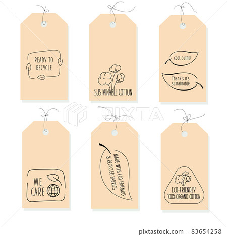Sustainable fibers label, tag set with icon and sign for eco friendly, natural fabric product, clothing packaging. Vector stock illustration isolated on white background. EPS10 83654258