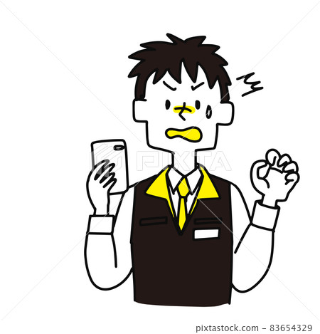 An electric shop clerk who is shocked by one hand of a smartphone An electric shop clerk who is shocked by one hand of a smartphone 83654329