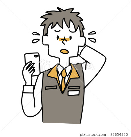 Home appliance mass retailer clerk holding his head in one hand of a smartphone Home appliance mass retailer clerk holding his head in one hand of a smartphone 83654330