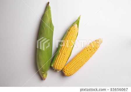 Fresh corn cobs on flat white background Fresh corn cobs on flat white background 83656067