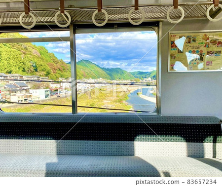 Scenery of the train window over the seat of the Kintetsu train crossing the Yoshino River Kintetsu train Yoshino line Scenery of the train window over the seat of the Kintetsu train crossing the Yoshino River Kintetsu train Yoshino line 83657234