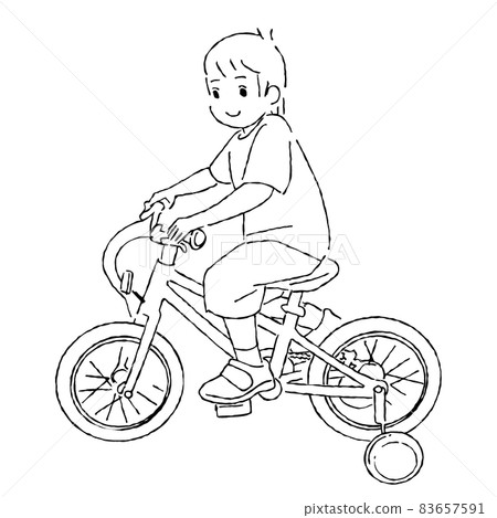 Monochrome vector illustration with white border of a boy riding a bicycle with training wheels_short sleeves, spring / summer clothes Monochrome vector illustration with white border of a boy riding a bicycle with training wheels_short sleeves, spring / summer clothes 83657591