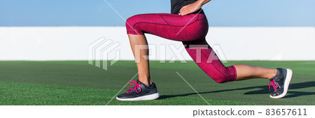 Fitness woman doing lunge exercise workout for cellulite weight loss, glute and leg muscle workout training core muscles, balance. girl doing front forward one leg step lunges banner panorama. 83657611