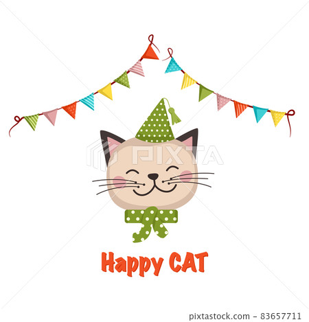 Cute cat or kitten in children style with festive decorations for holiday. Funny animal or pet with cap and bow and garland of flags. Vector flat illustration Cute cat or kitten in children style with festive decorations for holiday. Funny animal or pet with cap and bow and garland of flags. Vector flat illustration 83657711