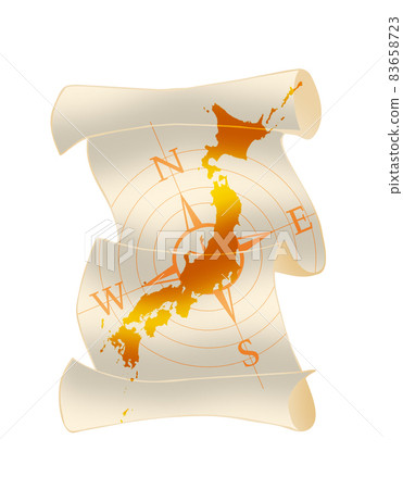 Overlay the compass and Japanese map on a white background in a rolling paper style Overlay the compass and Japanese map on a white background in a rolling paper style 83658723