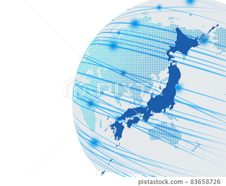 A map of Japan is placed on a hemispherical world map on a white background. 83658726
