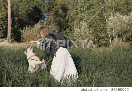 happy caucasian woman playing and training her dog on a river bank. funny yakutian laika jumping and trying to catch a treat 83660053