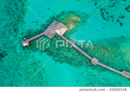 Wooden beach bar in sea and hut on pier in koh Mak island, Trat, Thailand 83660546
