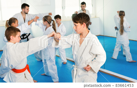 Teenagers practicing new karate moves in pairs in class Teenagers practicing new karate moves in pairs in class 83661453