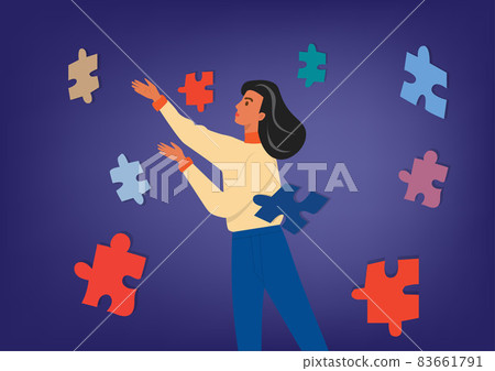 vector character business woman with puzzle infographic has solution Goal thinking. Collaborate by groups to build teams. ideas for web design flat style cartoon vector illustration 83661791