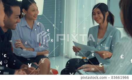 Business people in corporate staff meeting with envisional graphic Business people in corporate staff meeting with envisional graphic 83661966