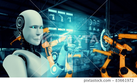 Mechanized industry robot and robotic arms for assembly in factory production . Mechanized industry robot and robotic arms for assembly in factory production . 83661972