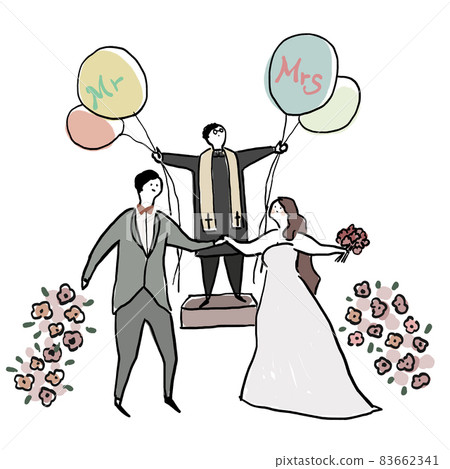 <Bride and groom holding hands, pastor with balloons, priest, wedding, wedding, bridal 83662341