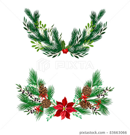 Evergreen Fir Tree Branches and Berry Twigs Semicircular Vector Composition Set 83663066