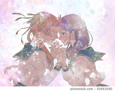 Two girls holding hands / Part 2 / Sakura background 83663080